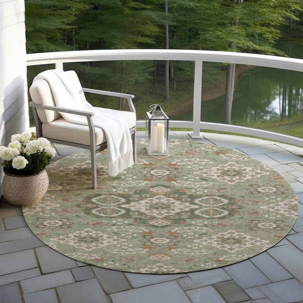 HomeRoots 5' Sage Copper and Ivory Medallion Area Rug - Durable, Washable Indoor/Outdoor Essential for Any Space 8' Round 622887