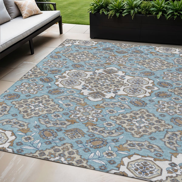 HomeRoots 5' Elegant Sky Blue Taupe Ivory Medallion Area Rug for Indoor & Outdoor, Washable & Durable Design 5' X 8' 622892