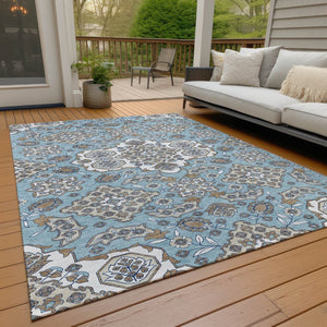 HomeRoots 5' Elegant Sky Blue Taupe Ivory Medallion Area Rug for Indoor & Outdoor, Washable & Durable Design 5' X 8' 622892