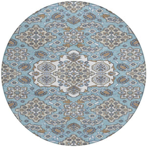 HomeRoots 5' Elegant Sky Blue Taupe Ivory Medallion Area Rug for Indoor & Outdoor, Washable & Durable Design 8' Round 622893