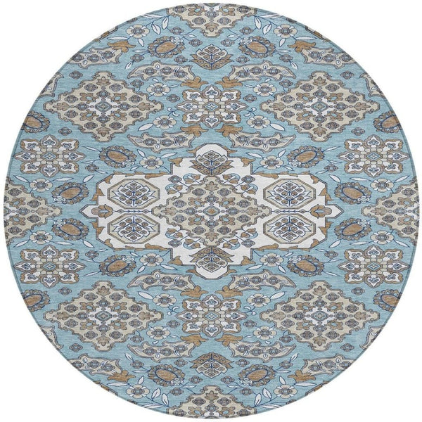 HomeRoots 5' Elegant Sky Blue Taupe Ivory Medallion Area Rug for Indoor & Outdoor, Washable & Durable Design 8' Round 622893