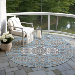 HomeRoots 5' Elegant Sky Blue Taupe Ivory Medallion Area Rug for Indoor & Outdoor, Washable & Durable Design 8' Round 622893