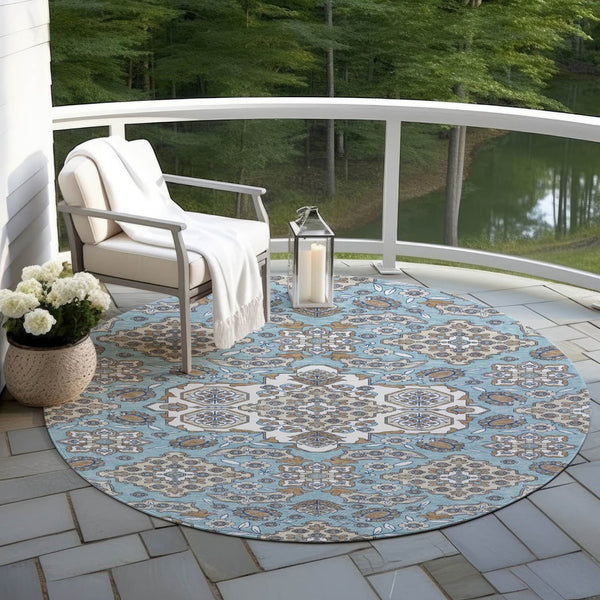 HomeRoots 5' Elegant Sky Blue Taupe Ivory Medallion Area Rug for Indoor & Outdoor, Washable & Durable Design 8' Round 622893
