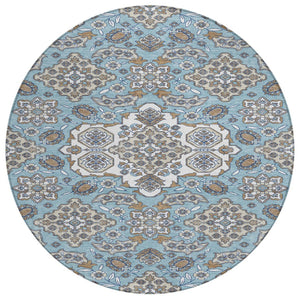 HomeRoots 5' Elegant Sky Blue Taupe Ivory Medallion Area Rug for Indoor & Outdoor, Washable & Durable Design 8' Round 622893