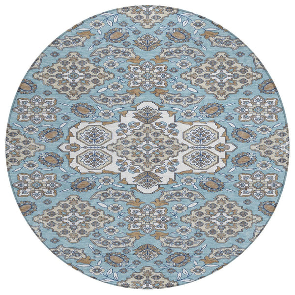 HomeRoots 5' Elegant Sky Blue Taupe Ivory Medallion Area Rug for Indoor & Outdoor, Washable & Durable Design 8' Round 622893