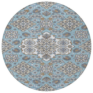 HomeRoots 5' Elegant Sky Blue Taupe Ivory Medallion Area Rug for Indoor & Outdoor, Washable & Durable Design 8' Round 622893