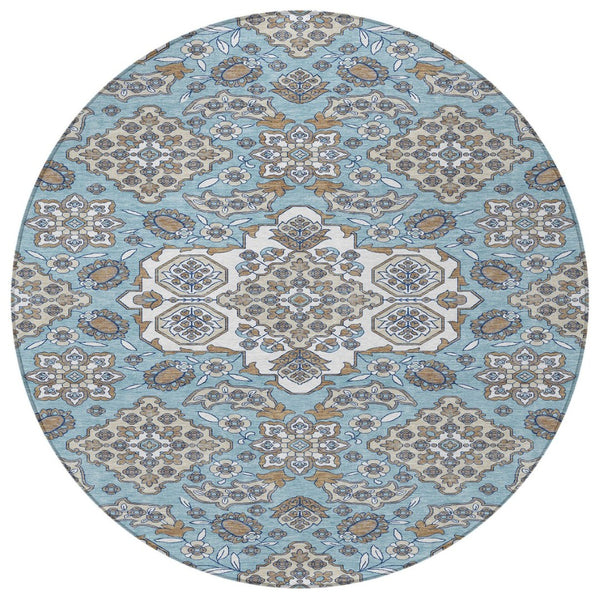 HomeRoots 5' Elegant Sky Blue Taupe Ivory Medallion Area Rug for Indoor & Outdoor, Washable & Durable Design 8' Round 622893