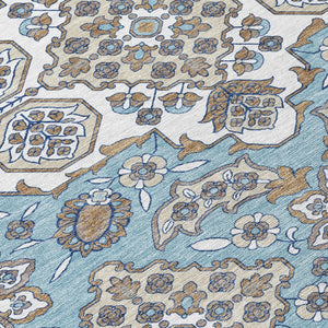 HomeRoots 5' Elegant Sky Blue Taupe Ivory Medallion Area Rug for Indoor & Outdoor, Washable & Durable Design 8' Round 622893