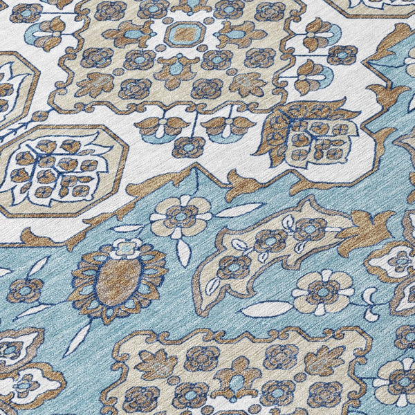 HomeRoots 5' Elegant Sky Blue Taupe Ivory Medallion Area Rug for Indoor & Outdoor, Washable & Durable Design 8' Round 622893