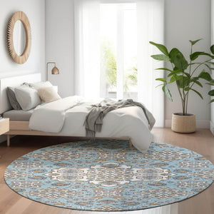 HomeRoots 5' Elegant Sky Blue Taupe Ivory Medallion Area Rug for Indoor & Outdoor, Washable & Durable Design 8' Round 622893