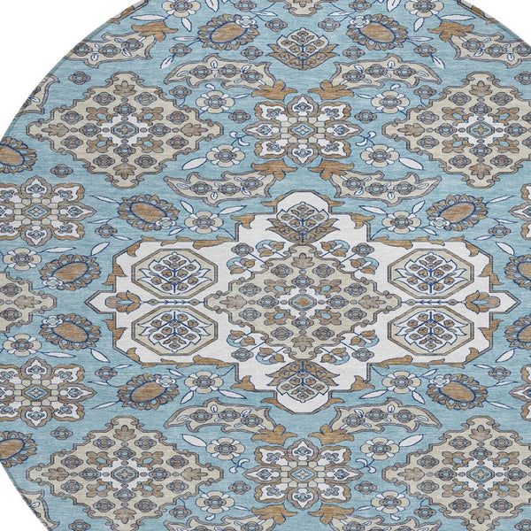 HomeRoots 5' Elegant Sky Blue Taupe Ivory Medallion Area Rug for Indoor & Outdoor, Washable & Durable Design 8' Round 622893
