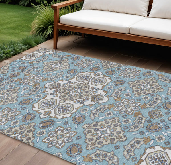 HomeRoots 5' Elegant Sky Blue Taupe Ivory Medallion Area Rug for Indoor & Outdoor, Washable & Durable Design 8' X 10' 622894