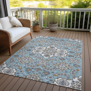 HomeRoots 5' Elegant Sky Blue Taupe Ivory Medallion Area Rug for Indoor & Outdoor, Washable & Durable Design 8' X 10' 622894