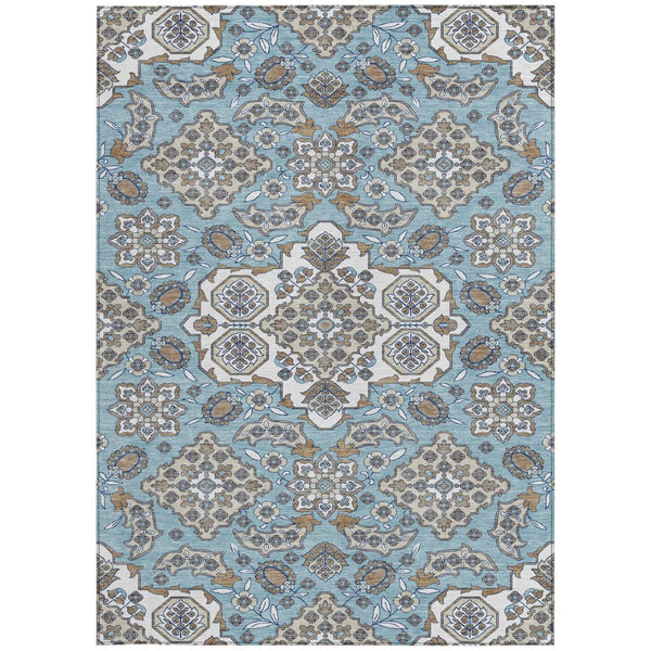 HomeRoots 5' Elegant Sky Blue Taupe Ivory Medallion Area Rug for Indoor & Outdoor, Washable & Durable Design 9' X 12' 622895
