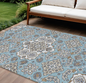 HomeRoots 5' Elegant Sky Blue Taupe Ivory Medallion Area Rug for Indoor & Outdoor, Washable & Durable Design 9' X 12' 622895