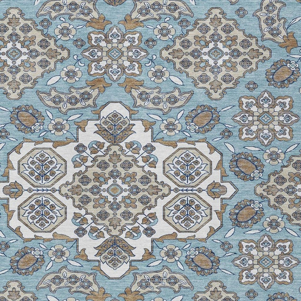 HomeRoots 5' Elegant Sky Blue Taupe Ivory Medallion Area Rug for Indoor & Outdoor, Washable & Durable Design 9' X 12' 622895