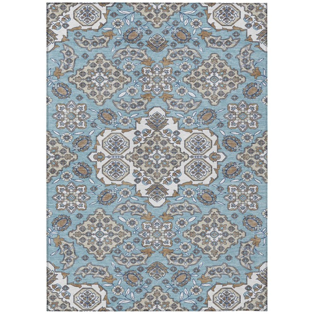 HomeRoots 5' Elegant Sky Blue Taupe Ivory Medallion Area Rug for Indoor & Outdoor, Washable & Durable Design 9' X 12' 622895