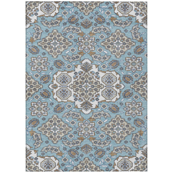 HomeRoots 5' Elegant Sky Blue Taupe Ivory Medallion Area Rug for Indoor & Outdoor, Washable & Durable Design 9' X 12' 622895