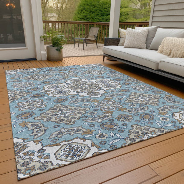 HomeRoots 5' Elegant Sky Blue Taupe Ivory Medallion Area Rug for Indoor & Outdoor, Washable & Durable Design 9' X 12' 622895