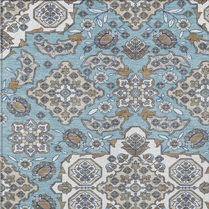 HomeRoots 5' Elegant Sky Blue Taupe Ivory Medallion Area Rug for Indoor & Outdoor, Washable & Durable Design 10' X 14' 622896
