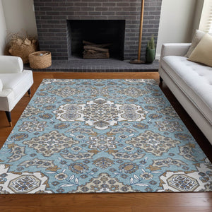 HomeRoots 5' Elegant Sky Blue Taupe Ivory Medallion Area Rug for Indoor & Outdoor, Washable & Durable Design 10' X 14' 622896