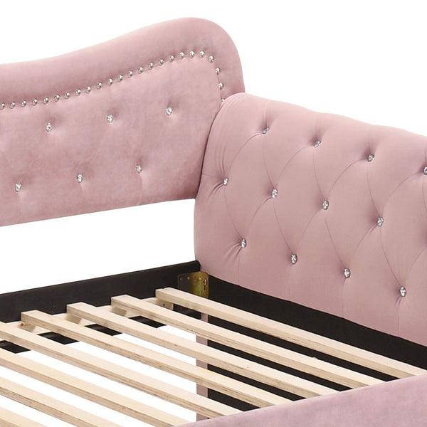 English Elm Pink Upholstered Twin Daybed with Trundle, 28-Slat Durable Frame, Velvet Finish, Ideal for 8" Mattress B062S00452
