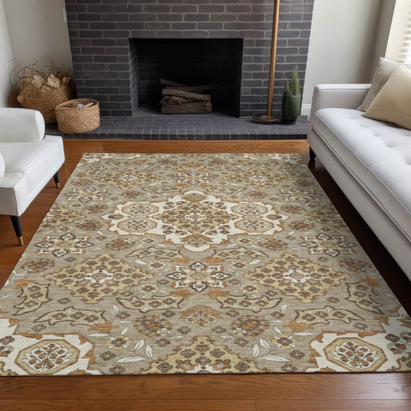 HomeRoots 5' Stylish Taupe Copper Beige Medallion Indoor Outdoor Area Rug – Durable, Washable & Versatile! 5' X 8' 622904