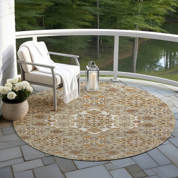 HomeRoots 5' Stylish Taupe Copper Beige Medallion Indoor Outdoor Area Rug – Durable, Washable & Versatile! 8' Round 622905