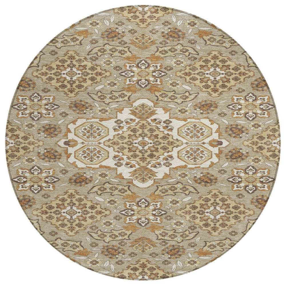 HomeRoots 5' Stylish Taupe Copper Beige Medallion Indoor Outdoor Area Rug – Durable, Washable & Versatile! 8' Round 622905