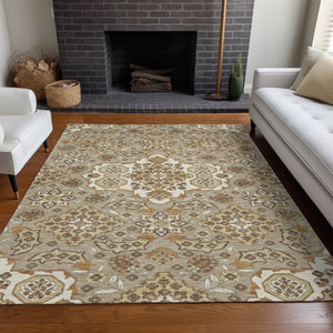 HomeRoots 5' Stylish Taupe Copper Beige Medallion Indoor Outdoor Area Rug – Durable, Washable & Versatile! 10' X 14' 622908