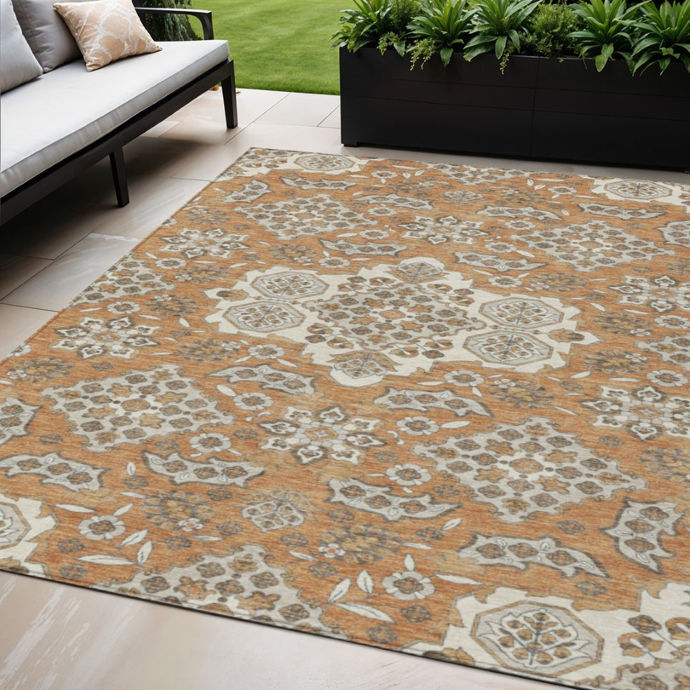 HomeRoots 5' Terra Cotta Gray Beige Medallion Area Rug - Stylish, Washable, Indoor/Outdoor Durability for All Spaces 5' X 8' 622910