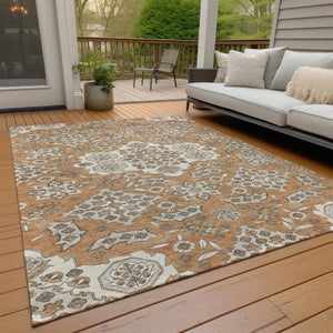 HomeRoots 5' Terra Cotta Gray Beige Medallion Area Rug - Stylish, Washable, Indoor/Outdoor Durability for All Spaces 5' X 8' 622910