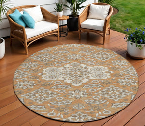 HomeRoots 5' Terra Cotta Gray Beige Medallion Area Rug - Stylish, Washable, Indoor/Outdoor Durability for All Spaces 8' Round 622911