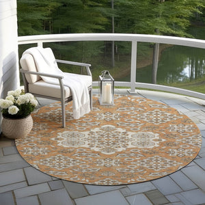 HomeRoots 5' Terra Cotta Gray Beige Medallion Area Rug - Stylish, Washable, Indoor/Outdoor Durability for All Spaces 8' Round 622911