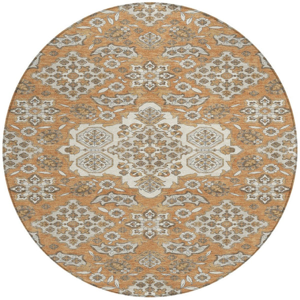 HomeRoots 5' Terra Cotta Gray Beige Medallion Area Rug - Stylish, Washable, Indoor/Outdoor Durability for All Spaces 8' Round 622911