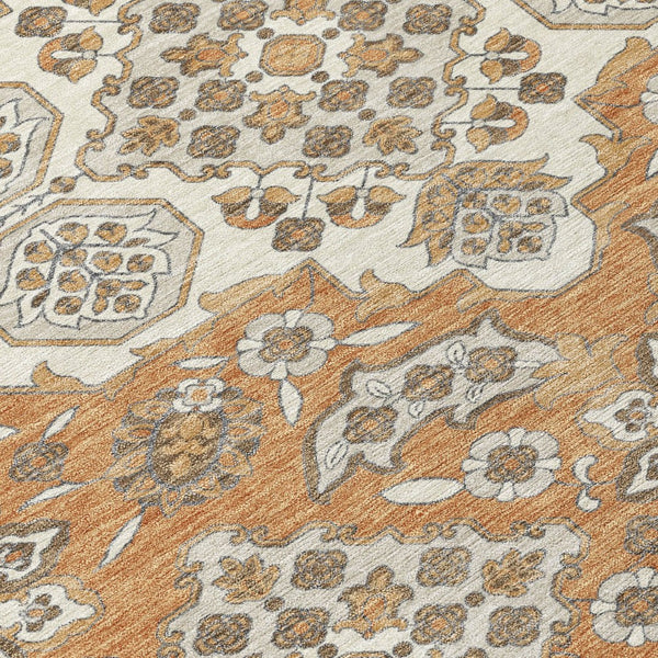 HomeRoots 5' Terra Cotta Gray Beige Medallion Area Rug - Stylish, Washable, Indoor/Outdoor Durability for All Spaces 8' Round 622911