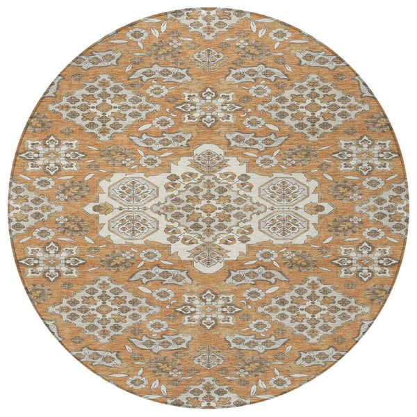 HomeRoots 5' Terra Cotta Gray Beige Medallion Area Rug - Stylish, Washable, Indoor/Outdoor Durability for All Spaces 8' Round 622911