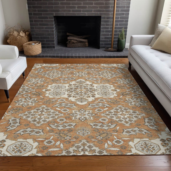 HomeRoots 5' Terra Cotta Gray Beige Medallion Area Rug - Stylish, Washable, Indoor/Outdoor Durability for All Spaces 9' X 12' 622913