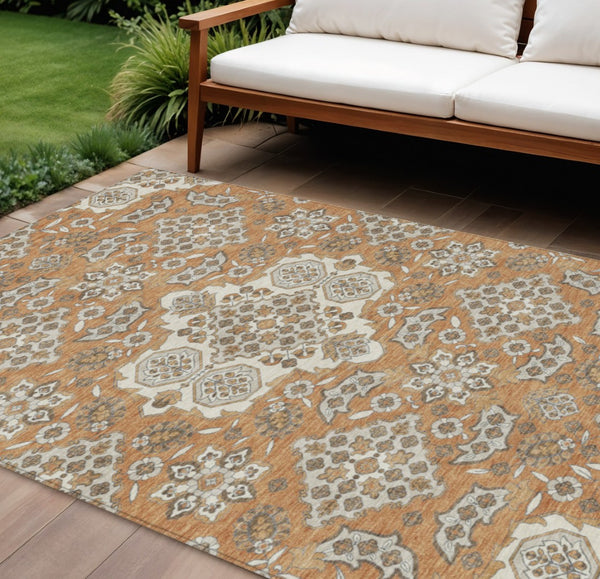 HomeRoots 5' Terra Cotta Gray Beige Medallion Area Rug - Stylish, Washable, Indoor/Outdoor Durability for All Spaces 10' X 14' 622914