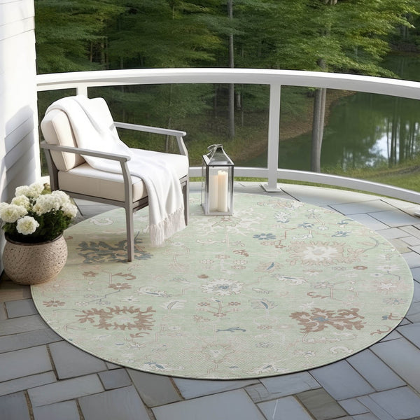 HomeRoots 5' Artichoke Green Floral Indoor Outdoor Area Rug – Durable, Washable, Perfect for High-Traffic Spaces 8' Round 622924