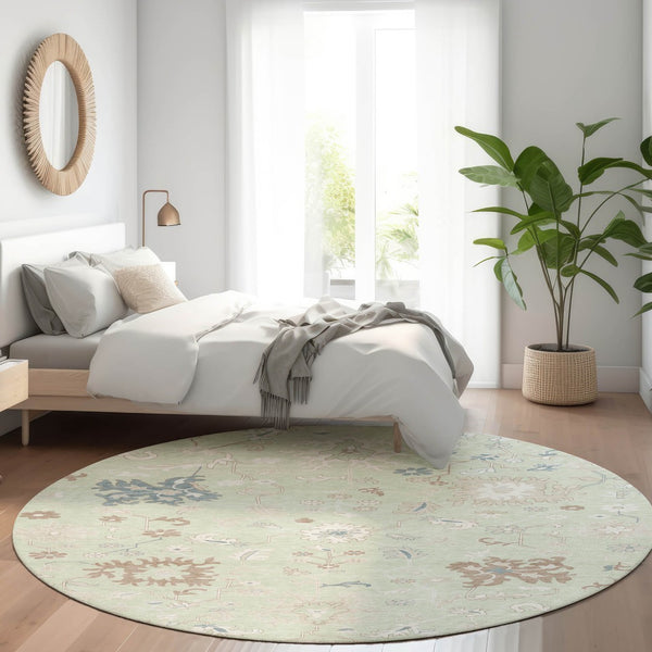 HomeRoots 5' Artichoke Green Floral Indoor Outdoor Area Rug – Durable, Washable, Perfect for High-Traffic Spaces 8' Round 622924