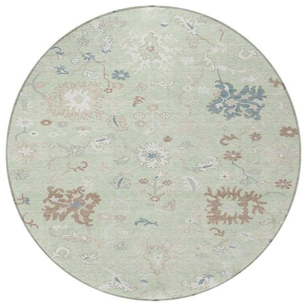 HomeRoots 5' Artichoke Green Floral Indoor Outdoor Area Rug – Durable, Washable, Perfect for High-Traffic Spaces 8' Round 622924