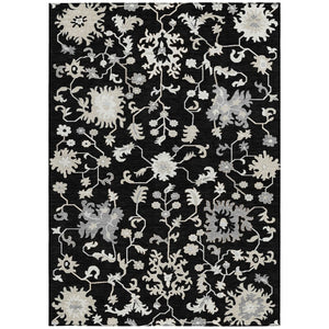 HomeRoots 5' Elegant Black Ivory Gray Floral Washable Area Rug for Indoor and Outdoor High-Traffic Spaces 5' X 8' 622929