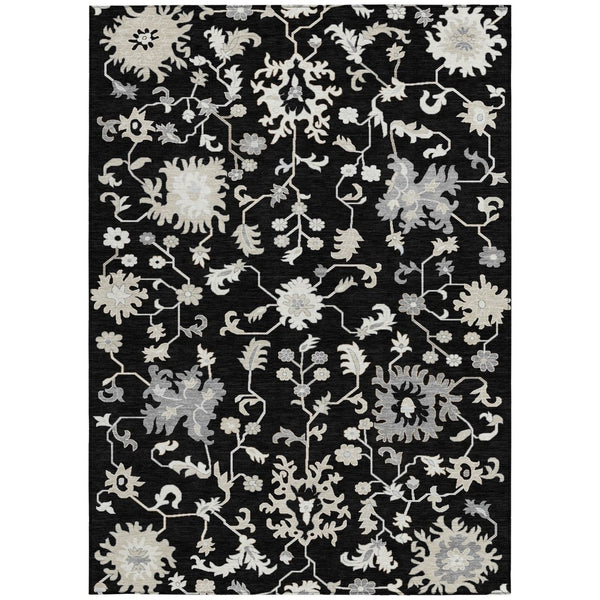 HomeRoots 5' Elegant Black Ivory Gray Floral Washable Area Rug for Indoor and Outdoor High-Traffic Spaces 5' X 8' 622929