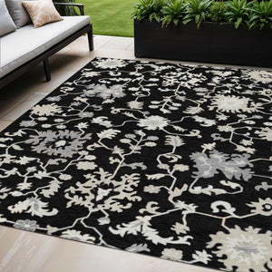HomeRoots 5' Elegant Black Ivory Gray Floral Washable Area Rug for Indoor and Outdoor High-Traffic Spaces 5' X 8' 622929