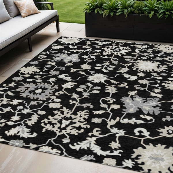 HomeRoots 5' Elegant Black Ivory Gray Floral Washable Area Rug for Indoor and Outdoor High-Traffic Spaces 5' X 8' 622929
