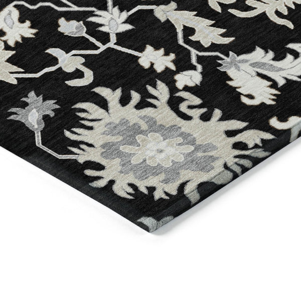 HomeRoots 5' Elegant Black Ivory Gray Floral Washable Area Rug for Indoor and Outdoor High-Traffic Spaces 5' X 8' 622929