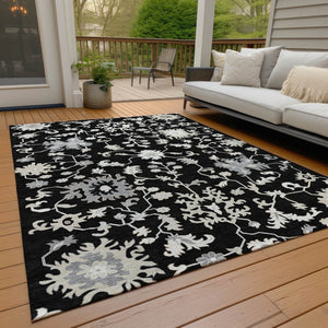 HomeRoots 5' Elegant Black Ivory Gray Floral Washable Area Rug for Indoor and Outdoor High-Traffic Spaces 5' X 8' 622929