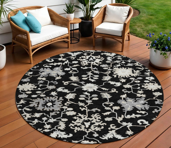 HomeRoots 5' Elegant Black Ivory Gray Floral Washable Area Rug for Indoor and Outdoor High-Traffic Spaces 8' Round 622930