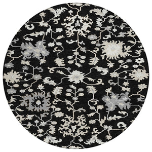 HomeRoots 5' Elegant Black Ivory Gray Floral Washable Area Rug for Indoor and Outdoor High-Traffic Spaces 8' Round 622930
